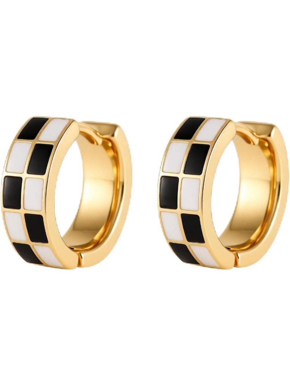 Chic Checkerboard Cartilage Hoop Earrings for Women - White, Black & Gold Enamel